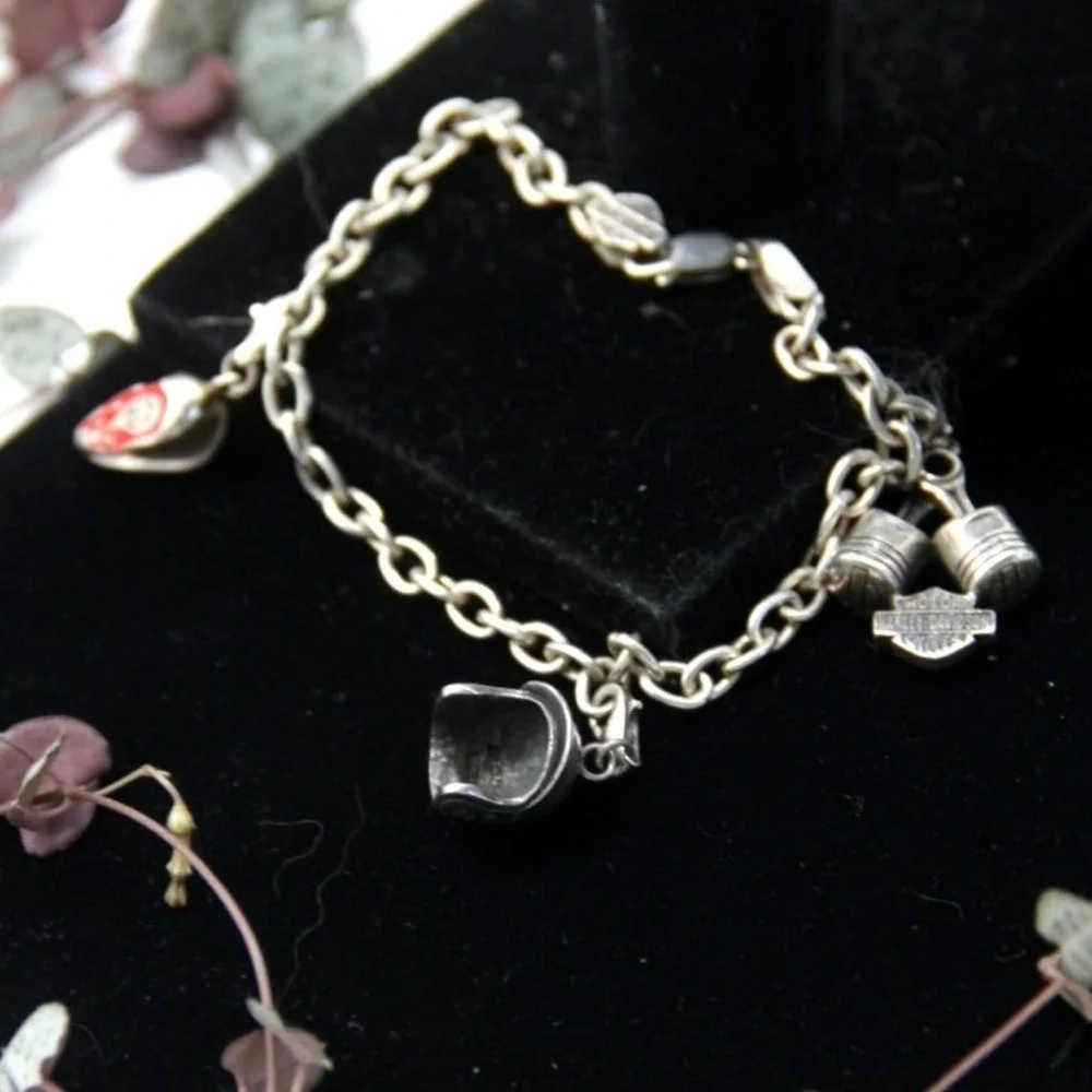Harley-Davidson MOD‎ Charm Bracelet Sterling Silver 8.5 Inch 5mm Piston Helmet